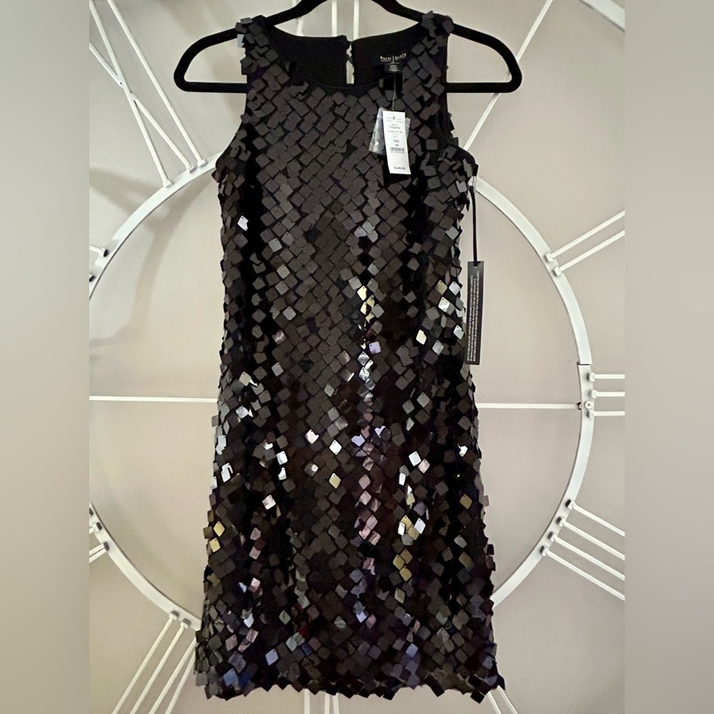 White House Black Market Black Square Sequin Party Mini Shift Dress